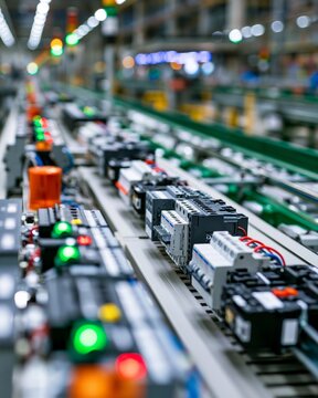 Medium shot of industrial motor control panels managing conveyor belt operations with visible contactors and overload relays in a factory setting.