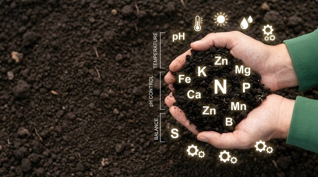 Hands holding fresh dark soil with floating glowing holographic chemical element icons nitrogen phosphorus potassium representing essential plant nutrients, soil testing agricultural chemistry farming