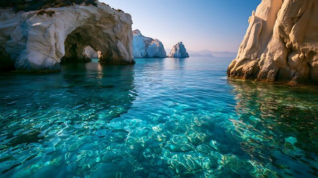 White volcanic sea caves of Kleftiko on Milos island in Greece