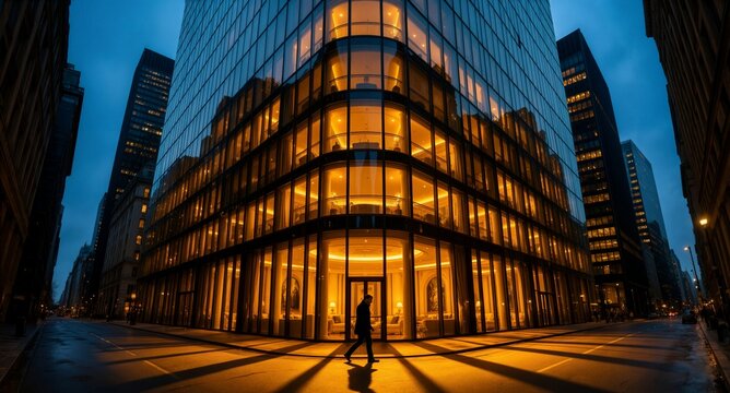 Modern glass office building with warm lights in urban city street at night