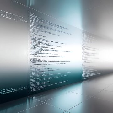 Abstract futuristic digital code visualization on a server room wall.