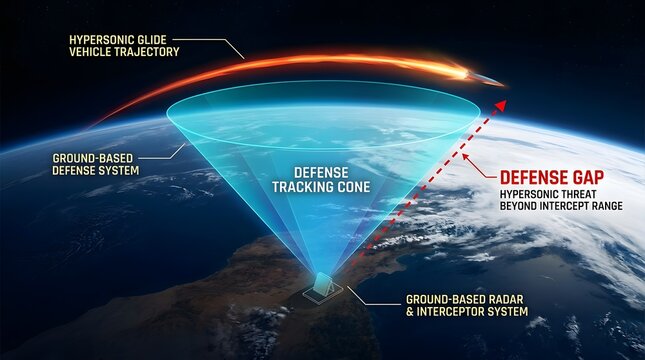 3D infographic illustration showing Earth from space with labeled hypersonic missile vehicle trajectory defense tracking cone radar interceptor system, military defense weapon space warfare security
