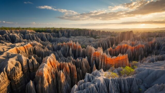 Tsingy de bemaraha karst landscape at sunset from above
