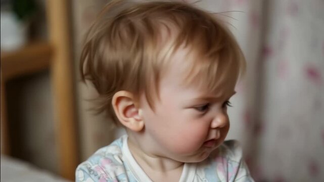 Toddler making grumpy faces during indoor close-up portrait with soft natural lighting