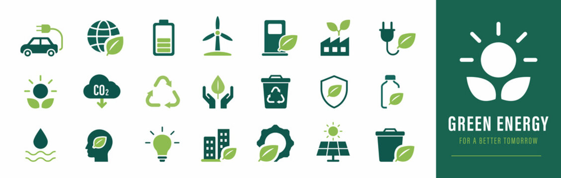 Green Energy Minimal Flat Icon Set With Eco Sustainability Symbols