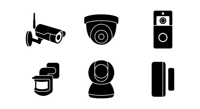 Security Camera Icons, Surveillance Systems, Home Monitoring Devices, Vector Set