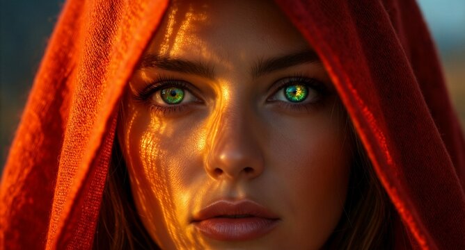 Close up portrait of woman with striking green eyes and red veil
