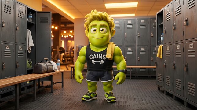 Green cartoon character in gym locker room wearing tank top and shorts