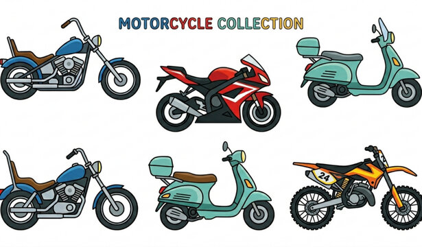 Motorcycle vector cartoon set with chopper sport bike scooter and motocross illustrations