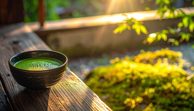 漆黒の抹茶碗で点てられた鮮やかな緑とクリーミーな泡のマクロ写真