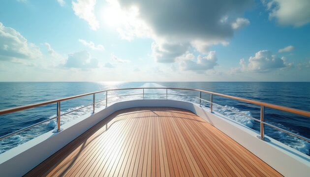 Bow view from luxury yacht deck looking over blue ocean sea during sunny day. White ship wake trails behind vessel sailing on calm water under bright sky.