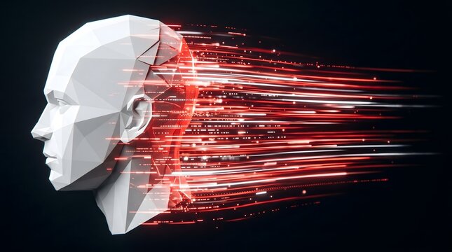 Abstract low poly human head profile with red light streaks representing data flow and artificial intelligence