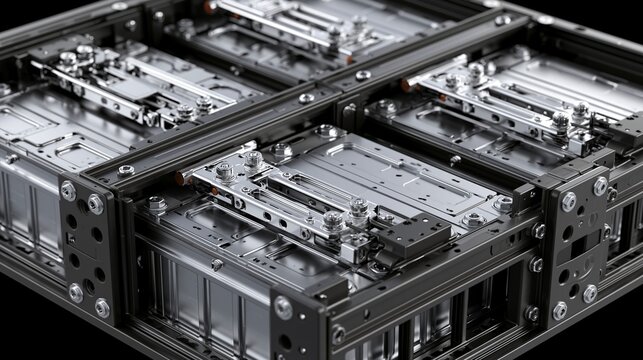 Dynamic medium shot capturing a modular battery rack with easily adjustable components highlighting flexible connection systems for scalable battery bank configurations.
