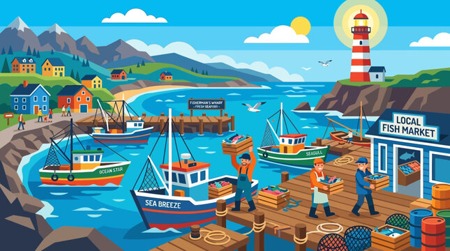 Fishermen Unloading Catch from Boats.