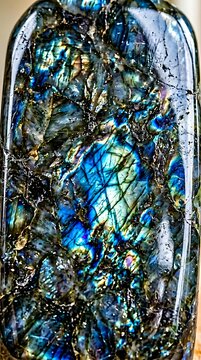 Macro view of polished labradorite gemstone with iridescent blue flash.