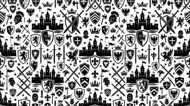 Black and white heraldic crest designs.
