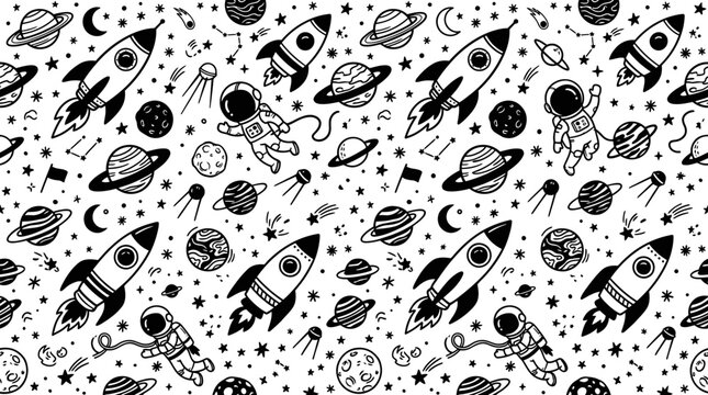 Black and white space rockets illustration.