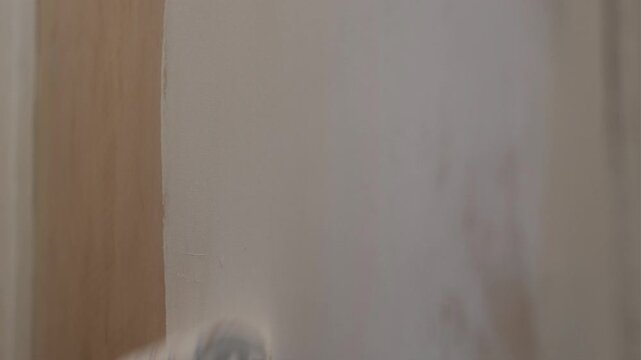 Close-up shot of a paint roller applying white paint on an interior wall during indoor renovation work