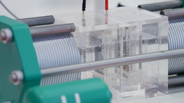 Transparent electrolysis stack with visible reactor chambers and metallic cell structure during advanced hydrogen and clean energy laboratory research