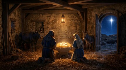Obraz premium Nativity Scene in Ancient Stable with Starry Night Sky and Animals