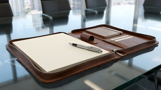Professional leather folder with notebook and fountain pen on glass table.