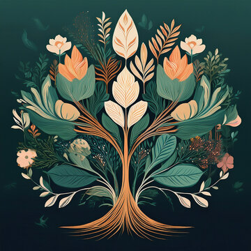 An illustration of a green forest tree  filled with flowers concept with a green  background