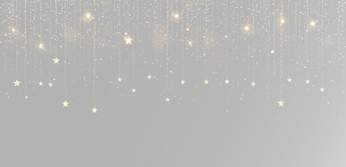 Glittering gold stars on light grey background with bokeh effect and copy space for text luxury elegant backdrop png © Alehandro