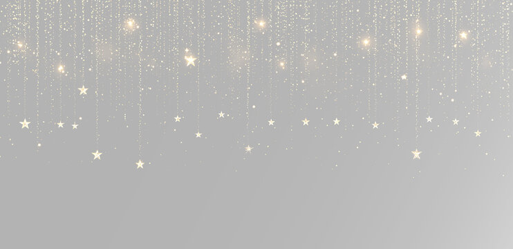 Glittering gold stars on light grey background with bokeh effect and copy space for text luxury elegant backdrop png