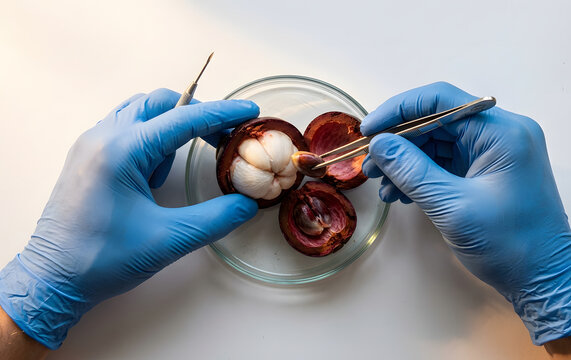 Close up of biotechnology specialist testing tropical mangosteen fruit sample in a laboratory.
