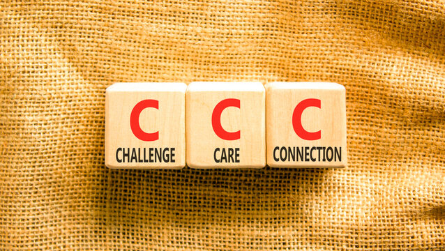 CCC challenge care connection symbol. Concept words CCC challenge care connection on beautiful wooden blocks. Beautiful canvas background. Business CCC challenge care connection concept. Copy space.
