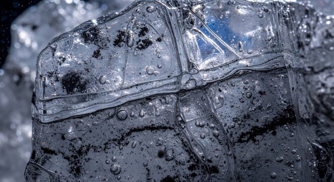 Close-up Macro Shot of a Large Ice Block with Bubbles and Reflections.