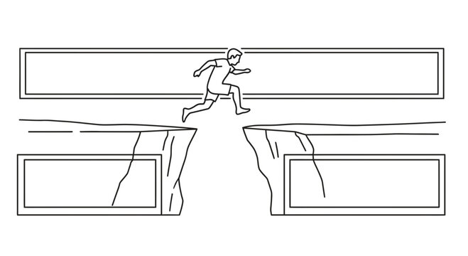 Man jumping over a chasm, symbolizing overcoming obstacles and achieving goals.