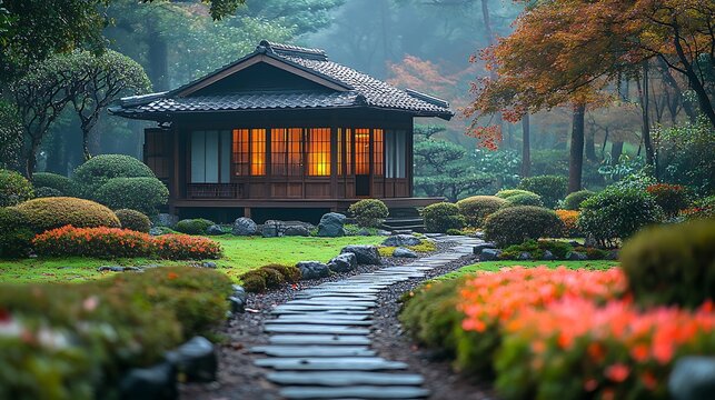 Traditional japanese house in peaceful garden