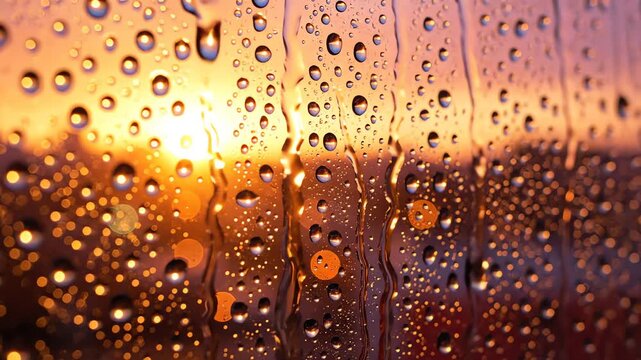 Raindrops sliding down window glass during golden hour sunset