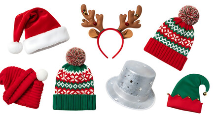 Obraz premium Collection of festive holidaythemed knitted hats and headwear with decorative elements isolated on transparent background