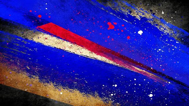 An abstract composition featuring a red diamond against a backdrop of blue and gold brushstrokes creates a vibrant and contemporary background for presentations, web design and materials on contempora