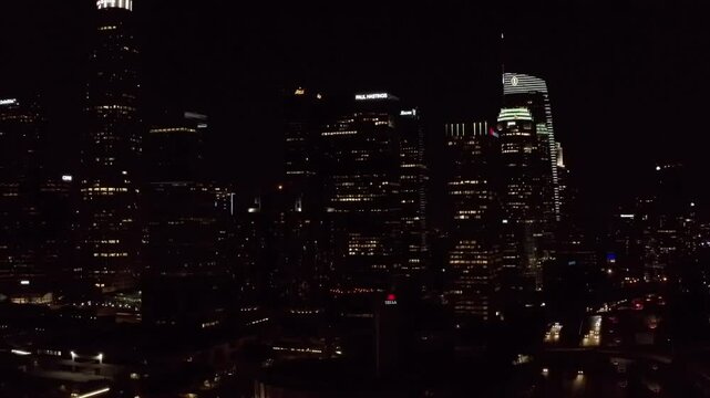 Nighttime Downtown Los Angeles California Drone Aerial View