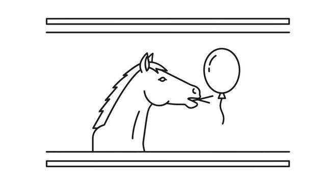 Funny Horse Blowing Balloon with Mouth in Studio Line Art