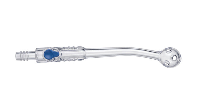 Medical instrument with a tube and a blue mechanism on white background