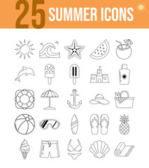 Fototapeta premium Twenty-five unique outline icons showcasing summer holidays, beach activities, and tropical vacation essentials. Ideal for modern graphic design and digital projects