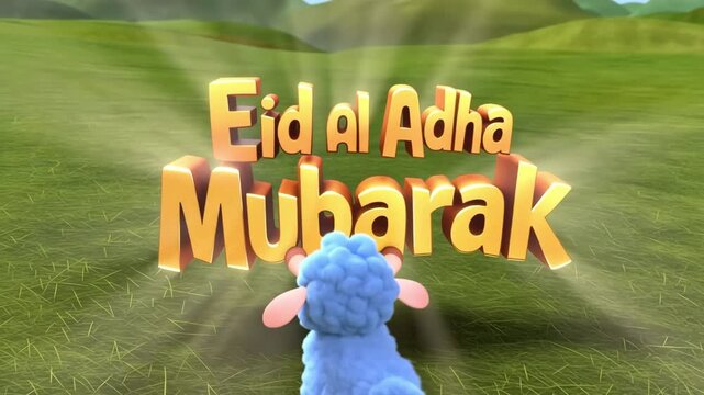 Blue sheep jumping and playing around Eid al Adha Mubarak text in a green field