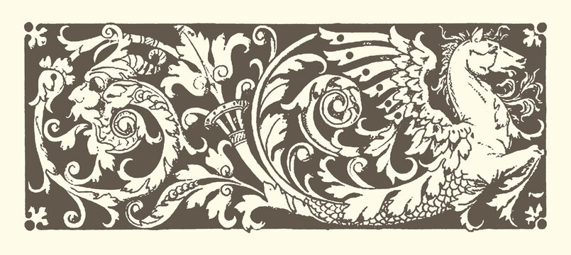 Vintage dragon and floral decorative border illustration with illustration decorative mythical creature scrollwork ornament engraving legendary heraldry traditional stylized monochromatic