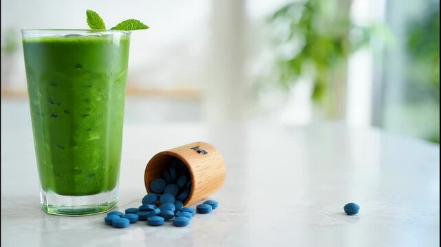 This shows a green smoothie in a glass with a sprig of mint on top, accompanied by a wooden container with spilled blue pills on a clean kitchen countertop, set against a blurred background with a