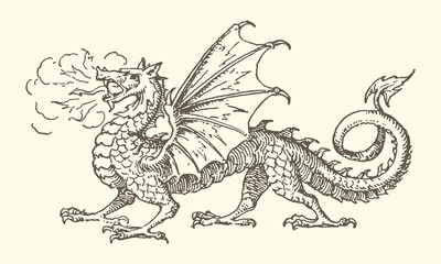 Vintage illustration of a mythical dragon breathing fire rendered in a sketchy style with detailed scales and wings line art mythical creature legendary breathing illustration engraving © bbilfunk