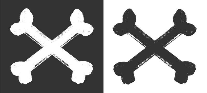 Distressed crossed bones skeleton symbol featuring rough charcoal marker brush paint textures for urban halloween party decoration streetwear clothing brand banner printing design clip art.