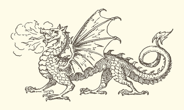 Vintage illustration of a mythical dragon breathing fire rendered in a sketchy style with detailed scales and wings line art mythical creature legendary breathing illustration engraving