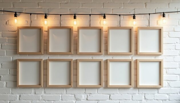 Ten empty wooden picture frames hang on a white brick wall. String lights with glowing bulbs are above frames, creating a cozy atmosphere for photo displays. This setup is great for memories.