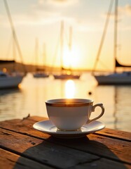 Obraz premium Warm coffee cup sits on wooden dock at sunrise. Boats float on calm sea reflecting golden sun. Quiet morning on water creates peaceful mood.