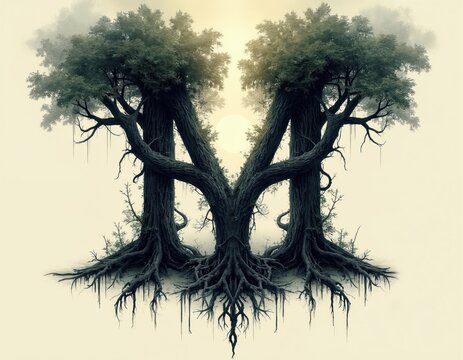 Twin ancient trees with gnarled roots intertwine forming M letter shape. Foggy atmosphere, sun peeks through misty clouds, ethereal, mysterious mood. Natural fantasy concept.