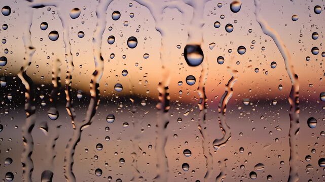 Raindrops on window pane with sunset landscape in the background